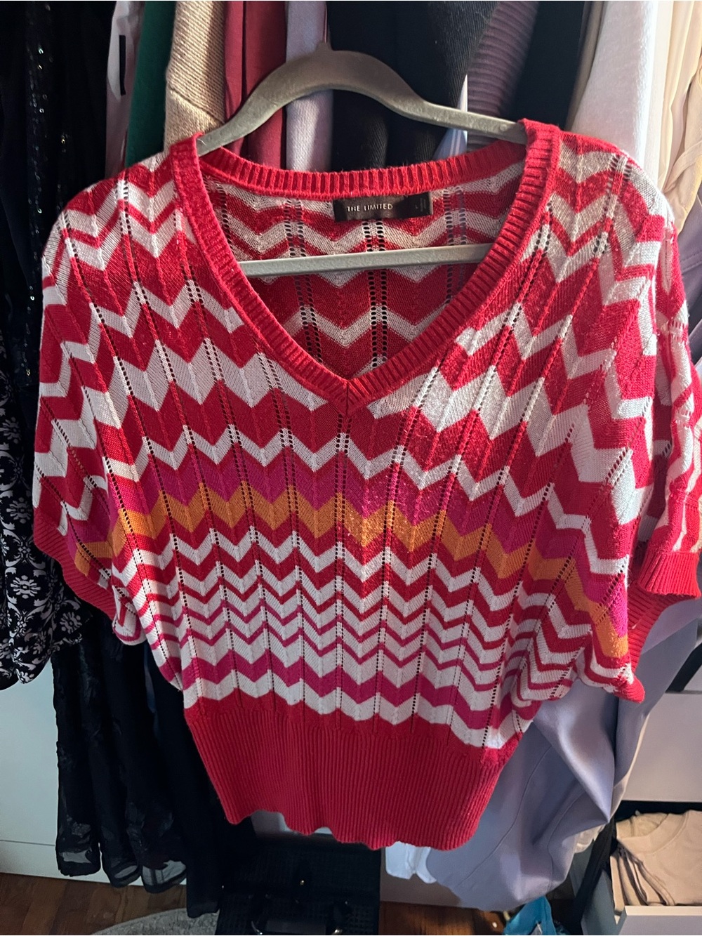 The Limited Red Chevron V-Neck Short Sleeve Sweater with Pink & Yellow Accents